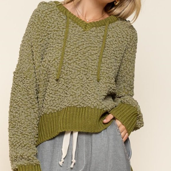 Soft Popcorn Knit Oversized Hoodie-Olive Green - Picture 2 of 10